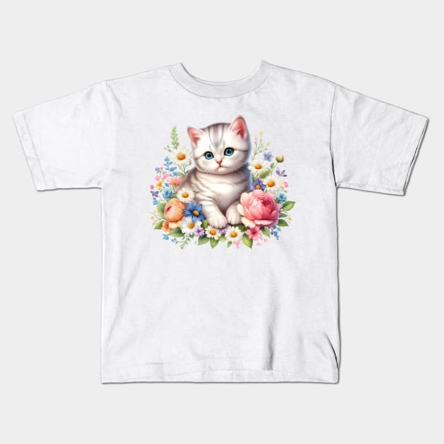 A cat decorated with beautiful colorful flowers. Kids T-Shirt by CreativeSparkzz